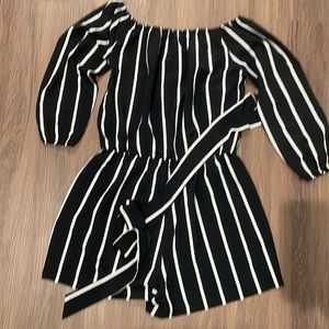 Black and white stripped Romper Off The Shoulder,Strapless, with waist tie